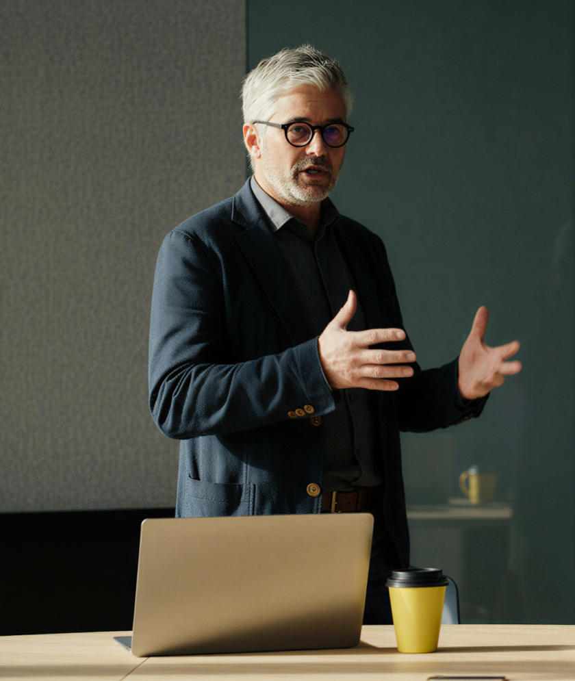 Äldre man med glasögon gestikulerar under presentation, står vid laptop och gul kaffekopp på ett skrivbord.