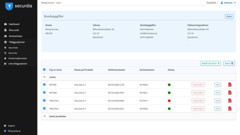 Securdia-dashboard visar kunduppgifter samt en tabell med larmprodukter och deras statusindikatorer.