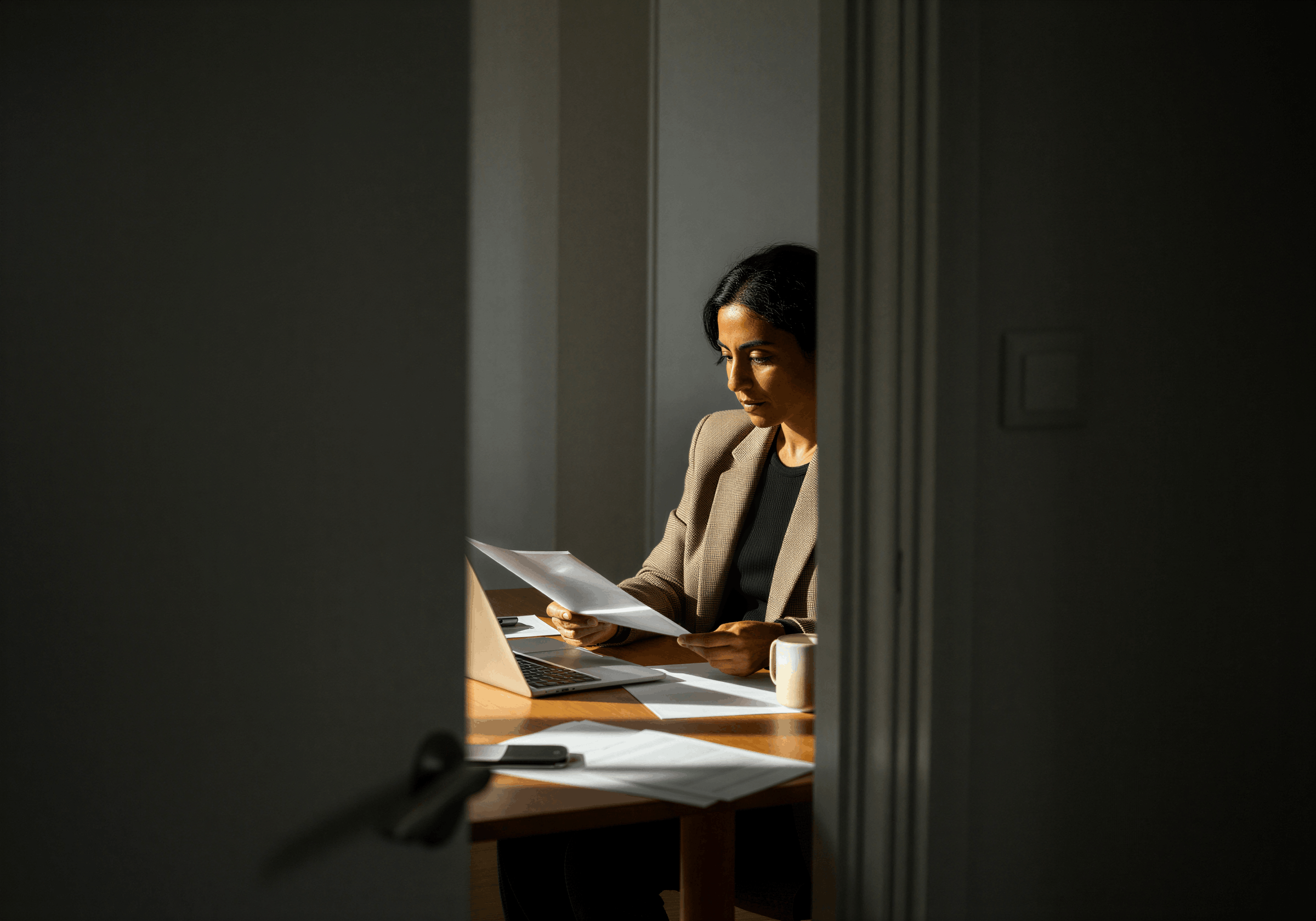 Kvinna sitter vid skrivbord och granskar papper, med laptop och kaffekopp framför sig, sett genom en dörr.