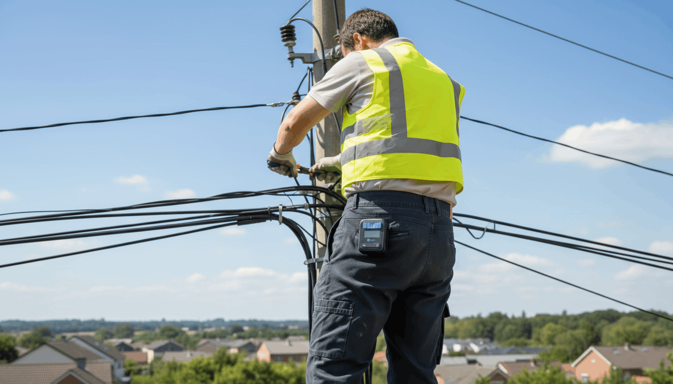 En elektriker i reflexväst arbetar på en elstolpe med flera kablar, bostadsområde i bakgrunden.