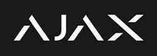 Vit text "AJAX" med modern, stiliserad design på svart bakgrund.