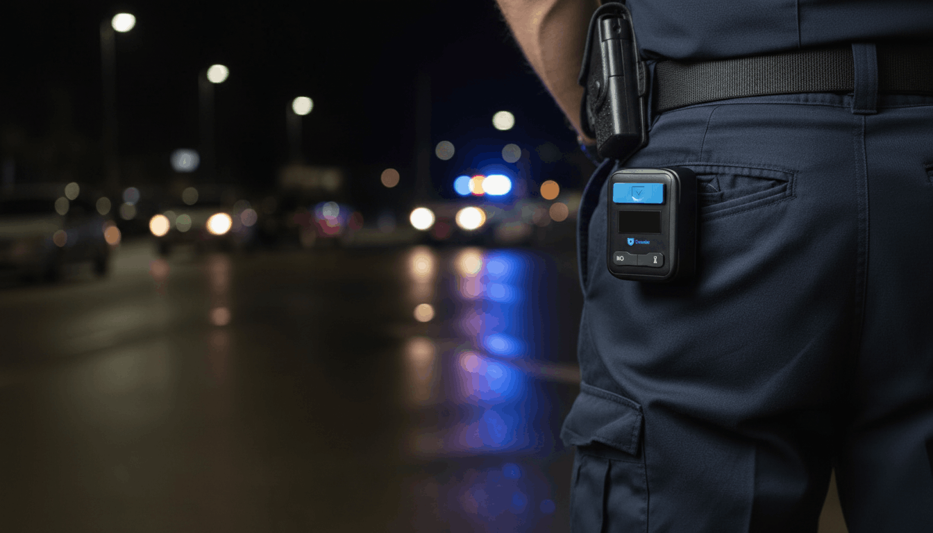 En polis står vid en väg på natten med en kroppskamera och bilar syns suddigt i bakgrunden.