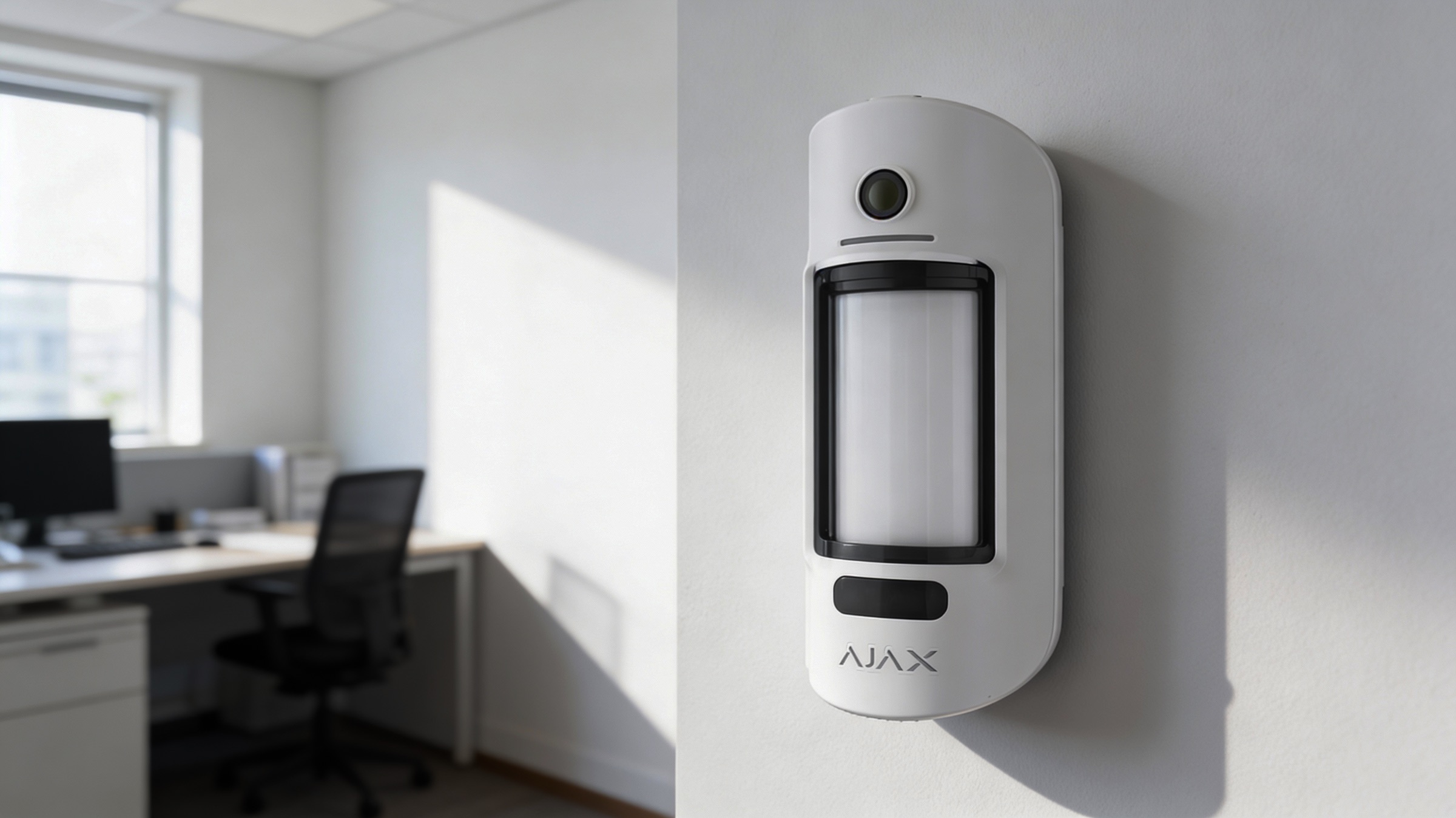 Närbild på en väggmonterad rörelsesensor med kamera i ett modernt kontor, märkt "AJAX".