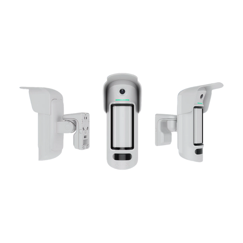 Tre vita rörelsedetektorer med väderskydd visas från olika vinklar mot svart bakgrund.