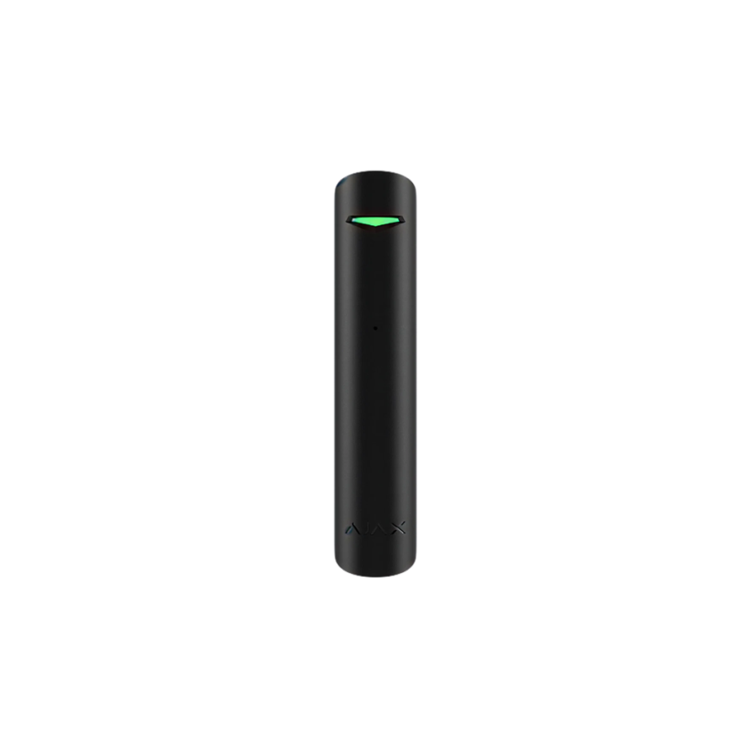 Svart avlång rörelsesensor med en liten grön indikatorlampa högst upp, vit bakgrund.