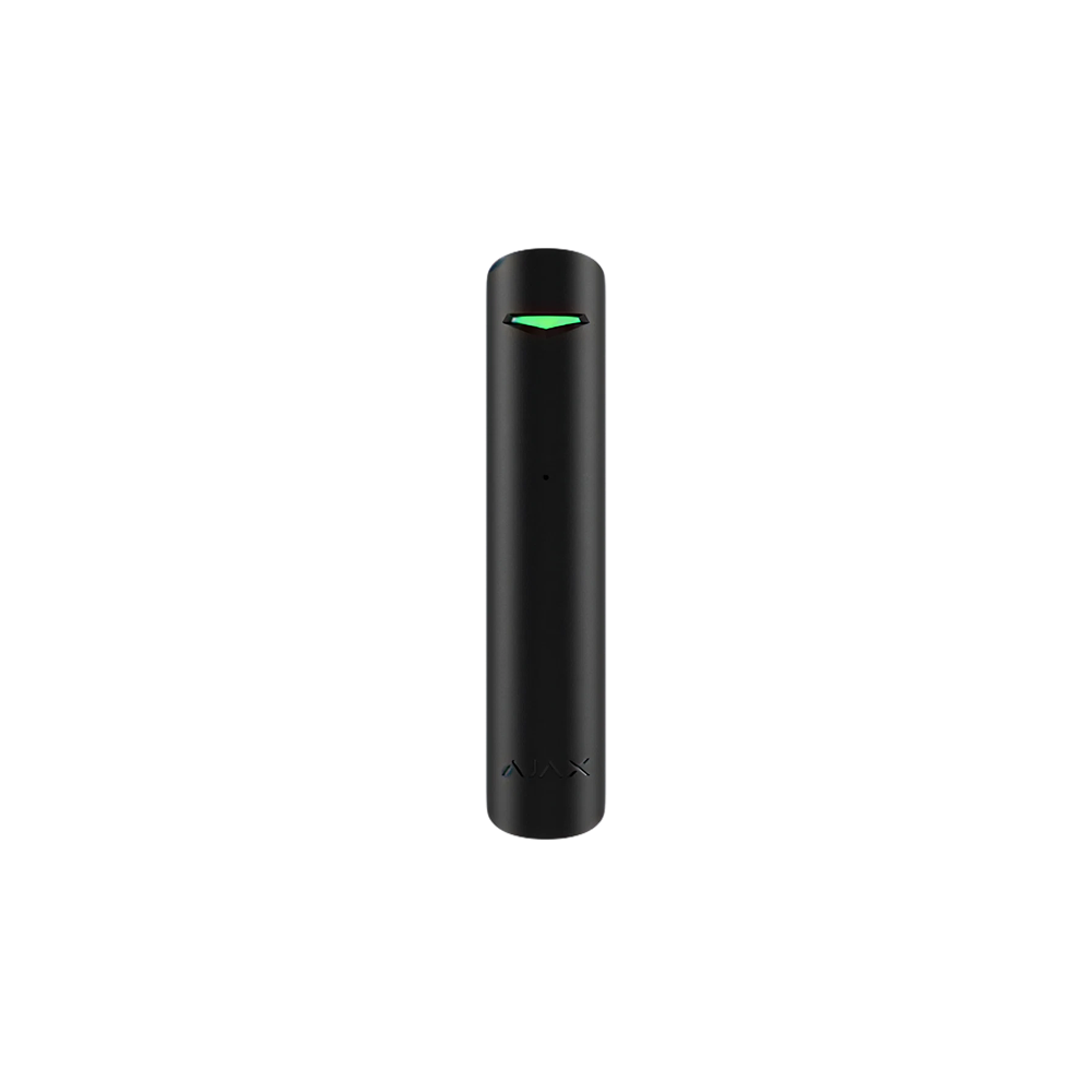 Svart avlång rörelsesensor med en liten grön indikatorlampa högst upp, vit bakgrund.