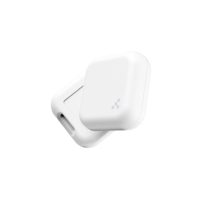 Två vita fyrkantiga spårningsbrickor med rundade hörn, staplade snett mot varandra.