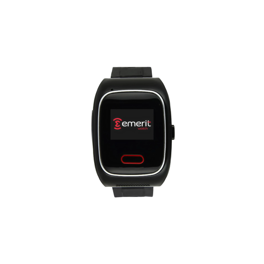 Svart smartklocka med texten "emerit watch" på displayen och en röd knapp under skärmen.