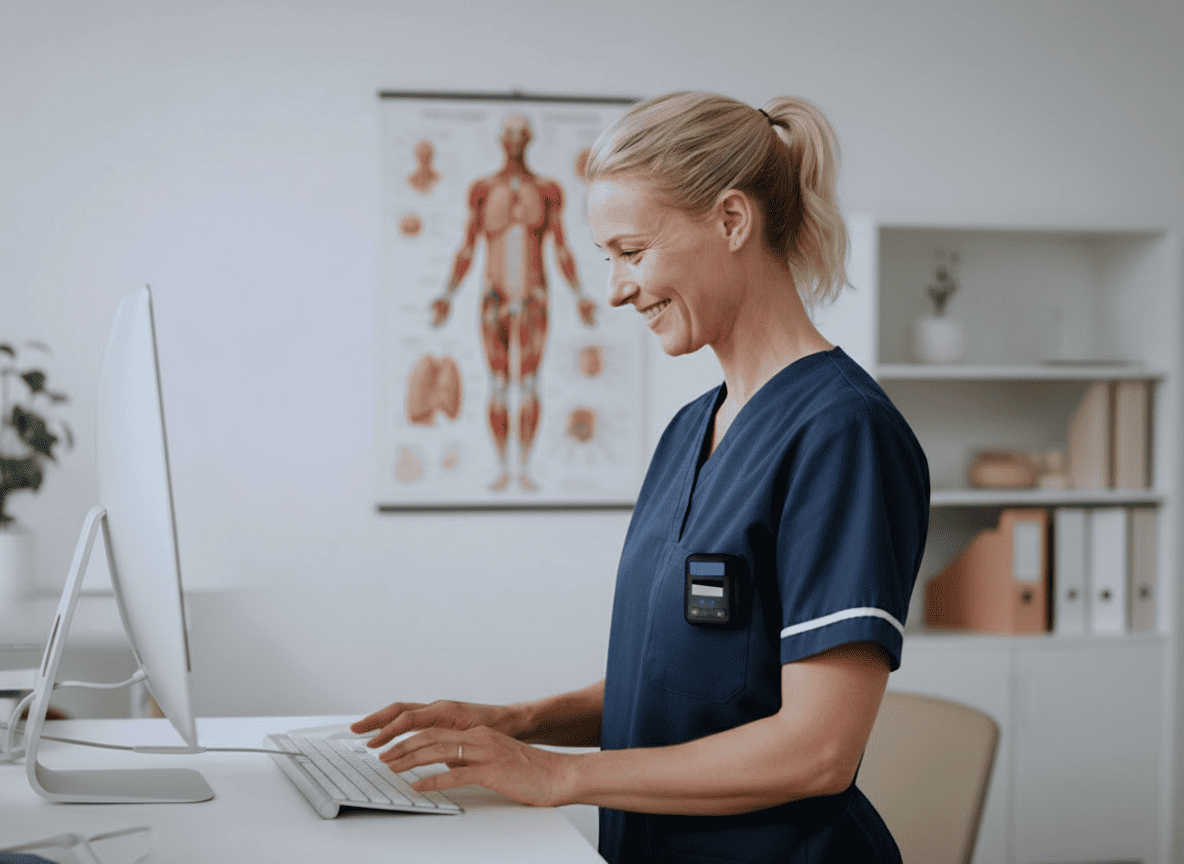 Sjuksköterska i blå uniform arbetar vid dator i ljust rum, anatomiplansch syns i bakgrunden.