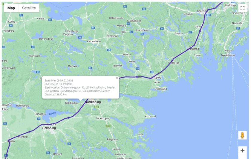 Karta över resväg mellan Stockholm och Boxholm via Norrköping samt en informationsruta om sträckan på 133 km.