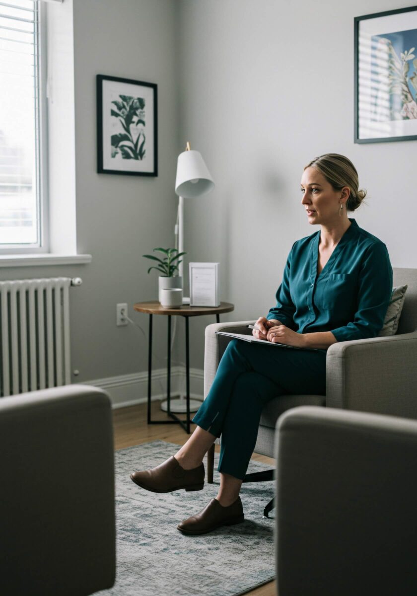 Kvinna i turkos dräkt sitter i en fåtölj, håller en penna och anteckningsblock i ljus samtalsmiljö.