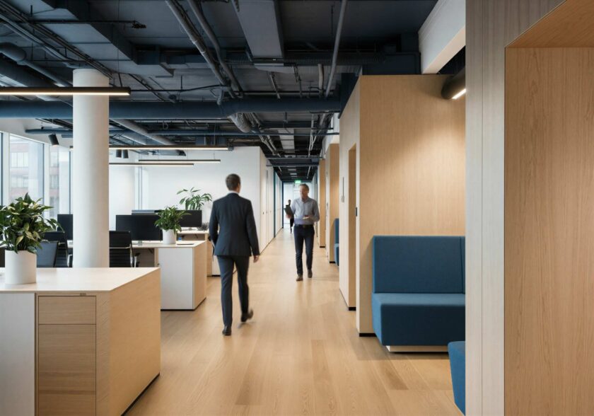 Modernt kontorslandskap med trädetaljer, blå soffor, gröna växter och personer som går i korridoren.