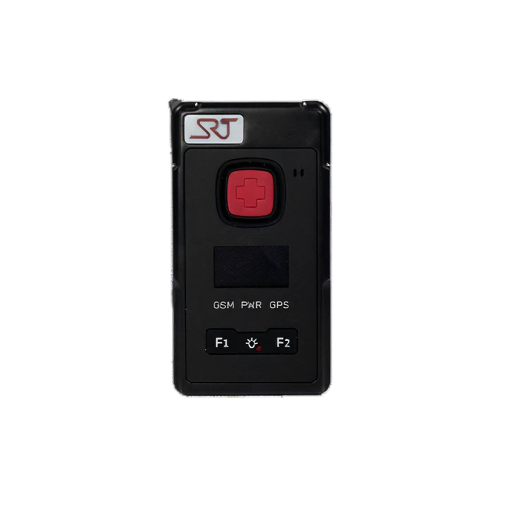 Svart personlig trygghetslarm med röd nödsändare och SRJ-logotyp högst upp.