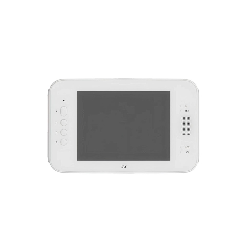 Vit elektronisk display med knappar till vänster och högtalare till höger, rektangulär form.